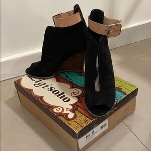 Black Peep Toe Wedge Booties